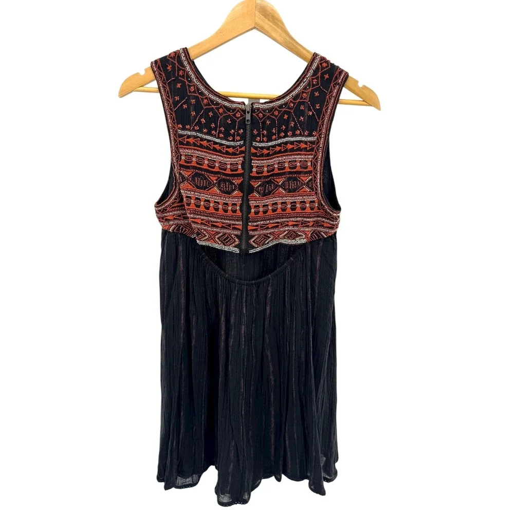 Free People Aztec Beaded Embroidered‎ Bib Dress Black Boho Festival Cotton Sz 4